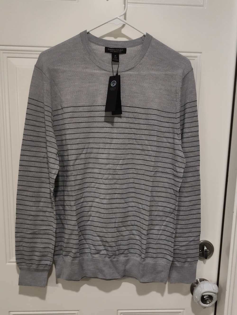 Banana Republic Men's Light Gray Crewneck Sweater with Thin Black Stripes